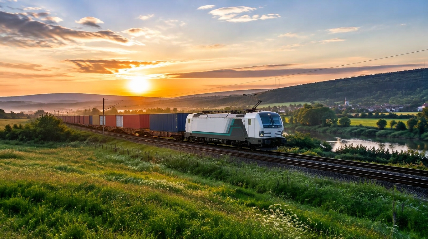 Electric freight train in the countryside